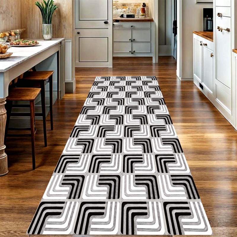 Commercial Kitchen Layout - Black White Geometric Curve Long Floor